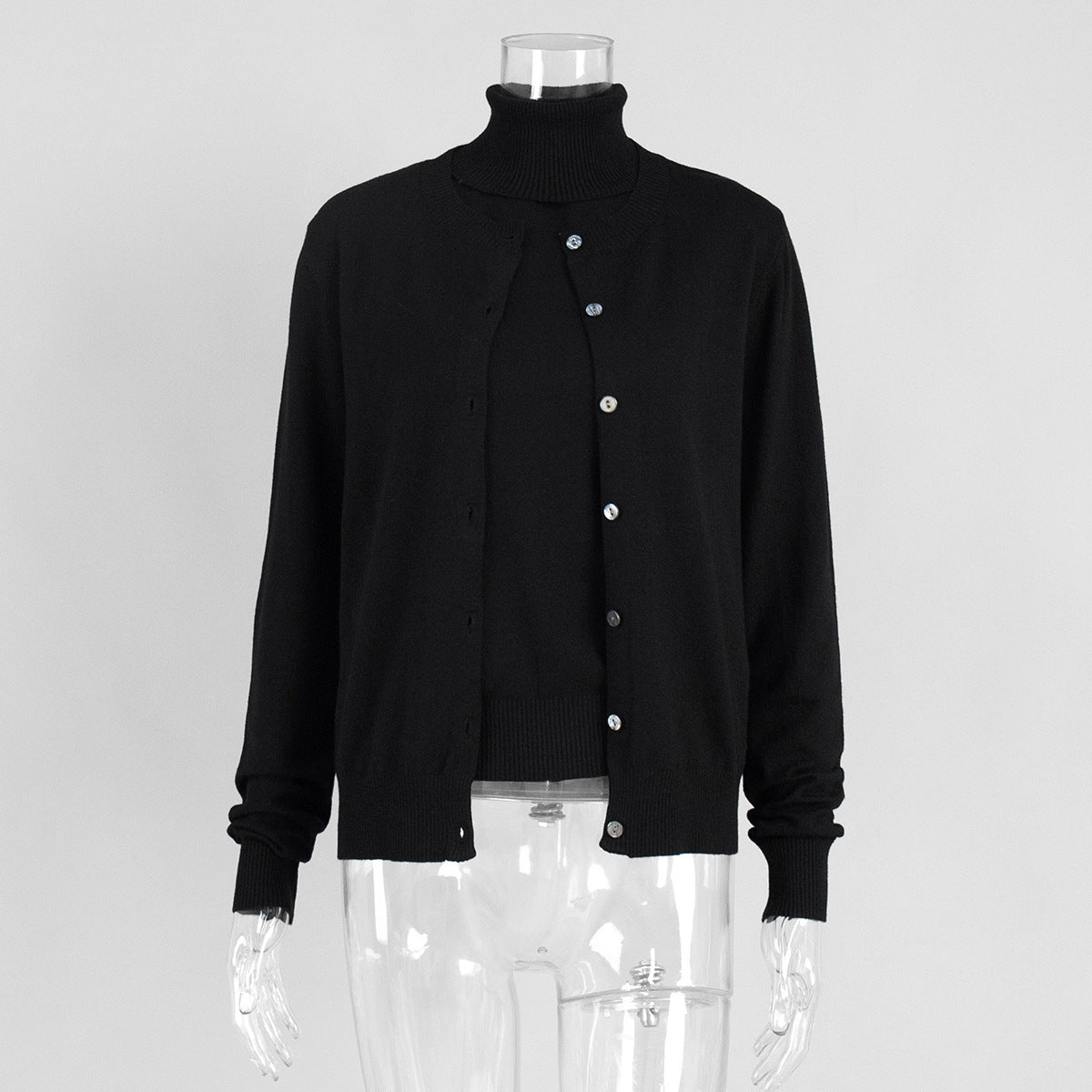 Sleeveless Turtleneck Knit Top & Cardigan Twin Set in Black (Set (Top + Cardigan)) — front view