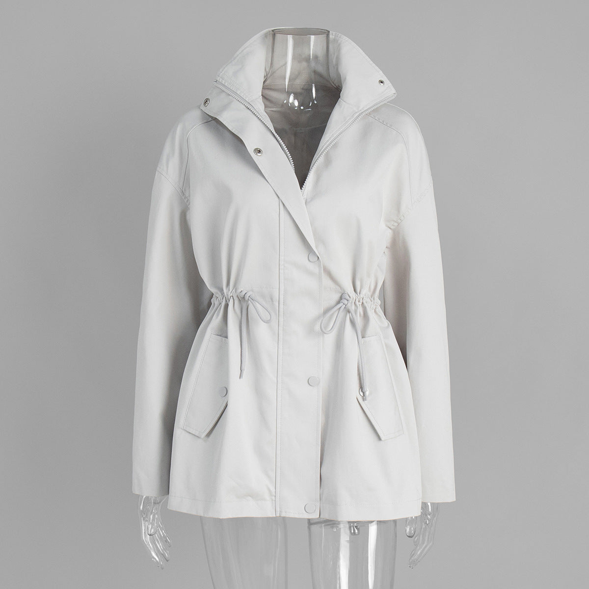 Cotton Drawstring Waist Jacket with Stand Collar in Off-White — front view on mannequin