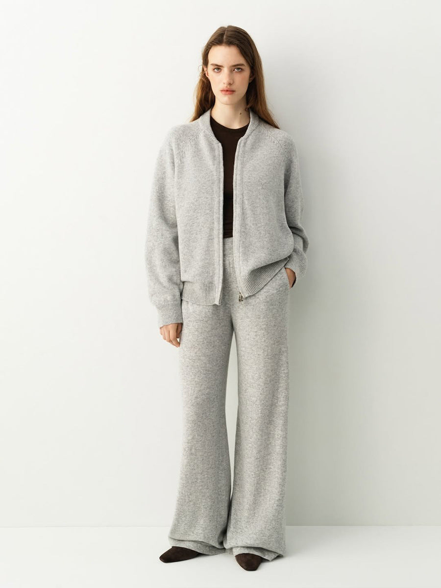 Three-Piece Knit Set: Zip-Up Cardigan, Sleeveless Top & Wide-Leg Pants in Heather Gray — full-length front view on model, shown with a dark top