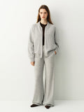 Three-Piece Knit Set: Zip-Up Cardigan, Sleeveless Top & Wide-Leg Pants in Heather Gray — full-length front view on model, shown with a dark top