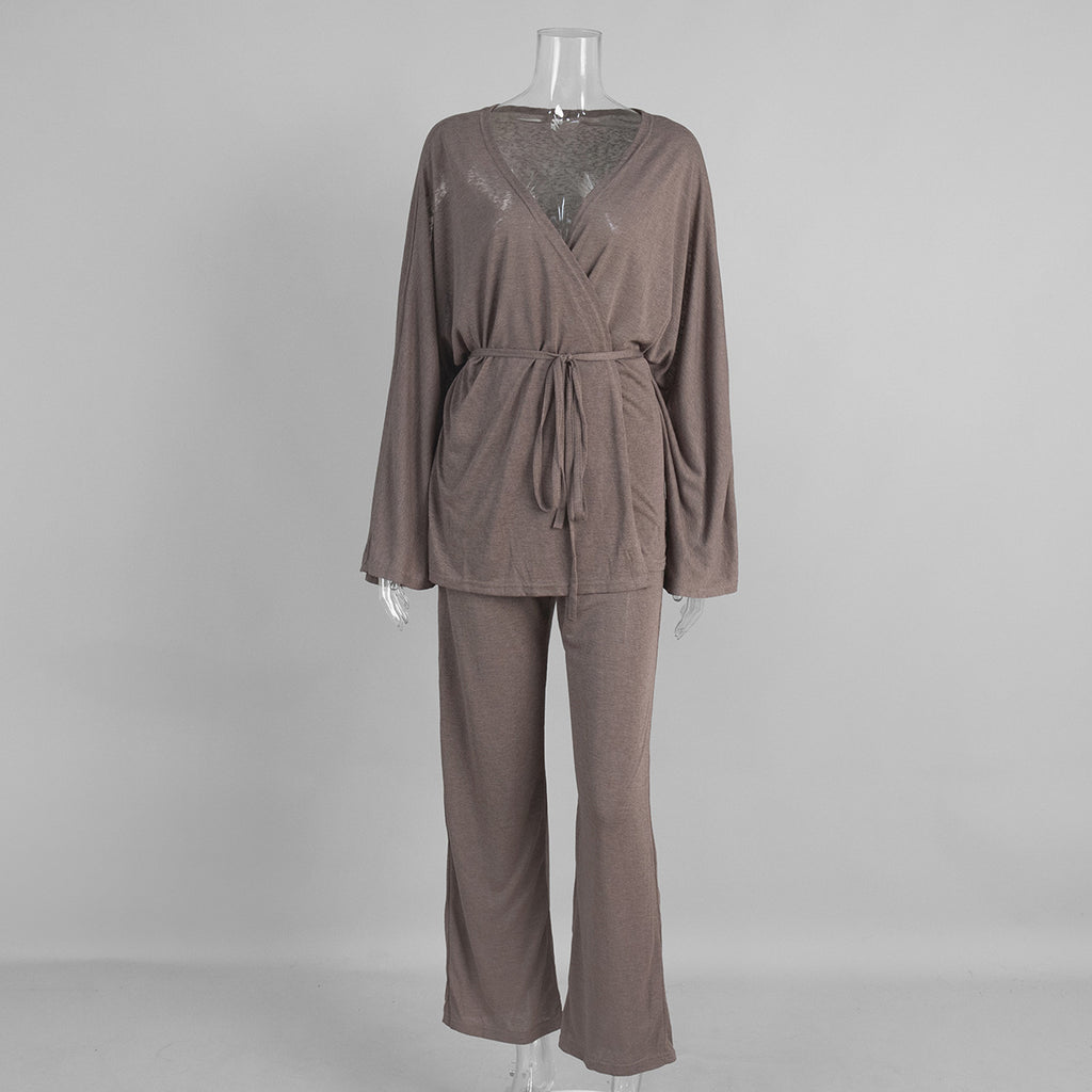 Wrap Tie Top & Wide-Leg Lounge Pants Set in Cocoa — front view on mannequin