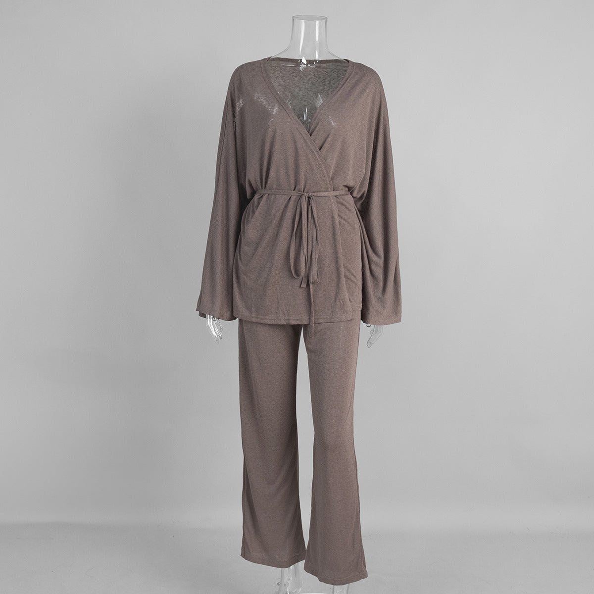 Wrap Tie Top & Wide-Leg Lounge Pants Set in Cocoa — front view on mannequin