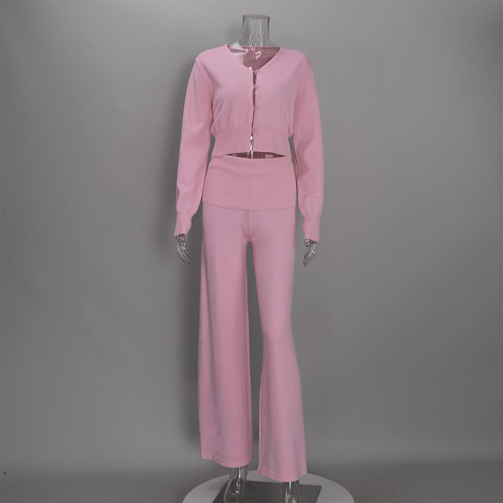 Cropped Button Cardigan & Fold-Over Waist Wide-Leg Knit Pants Set in Blush Pink — set front view