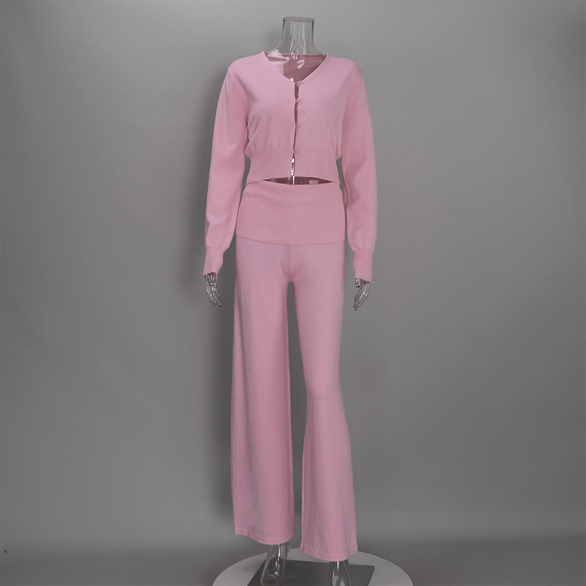 Cropped Button Cardigan & Fold-Over Waist Wide-Leg Knit Pants Set in Blush Pink — set front view