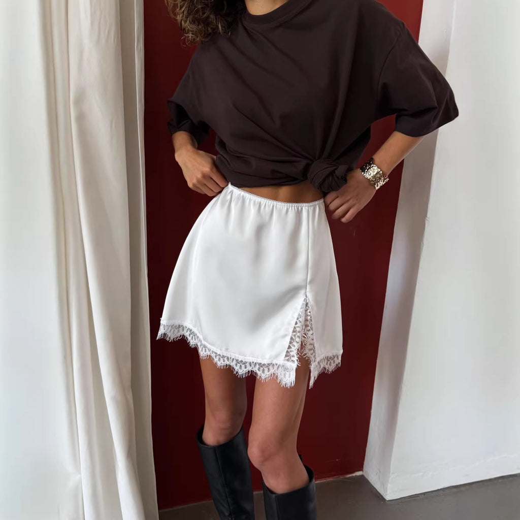 Lace-Trim Satin Mini Skirt in Ivory — full outfit view on model