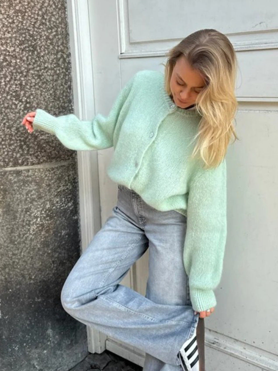 Soft Fuzzy Crew Neck Button Cardigan in Mint — on model with jeans