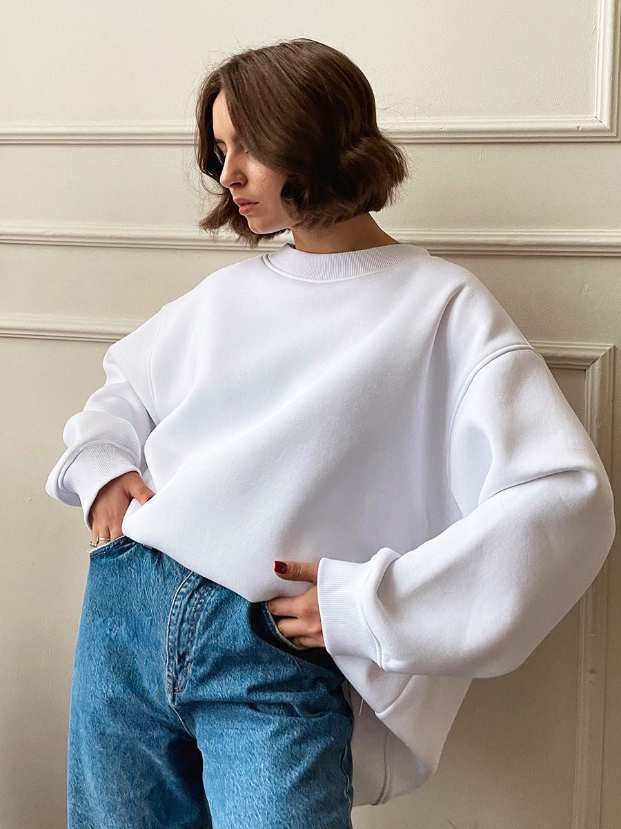 Oversized Heavyweight Crew Neck Sweatshirt in White — on model with jeans