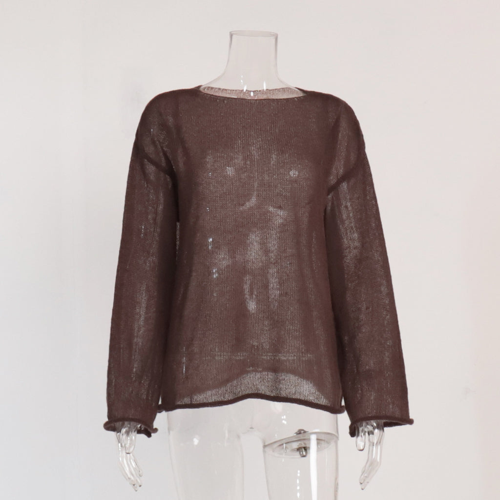 Sheer Open-Knit Bell Sleeve Sweater in Coffee Brown — front view on mannequin