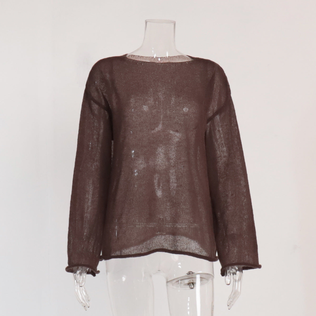 Sheer Open-Knit Bell Sleeve Sweater in Coffee Brown — front view on mannequin