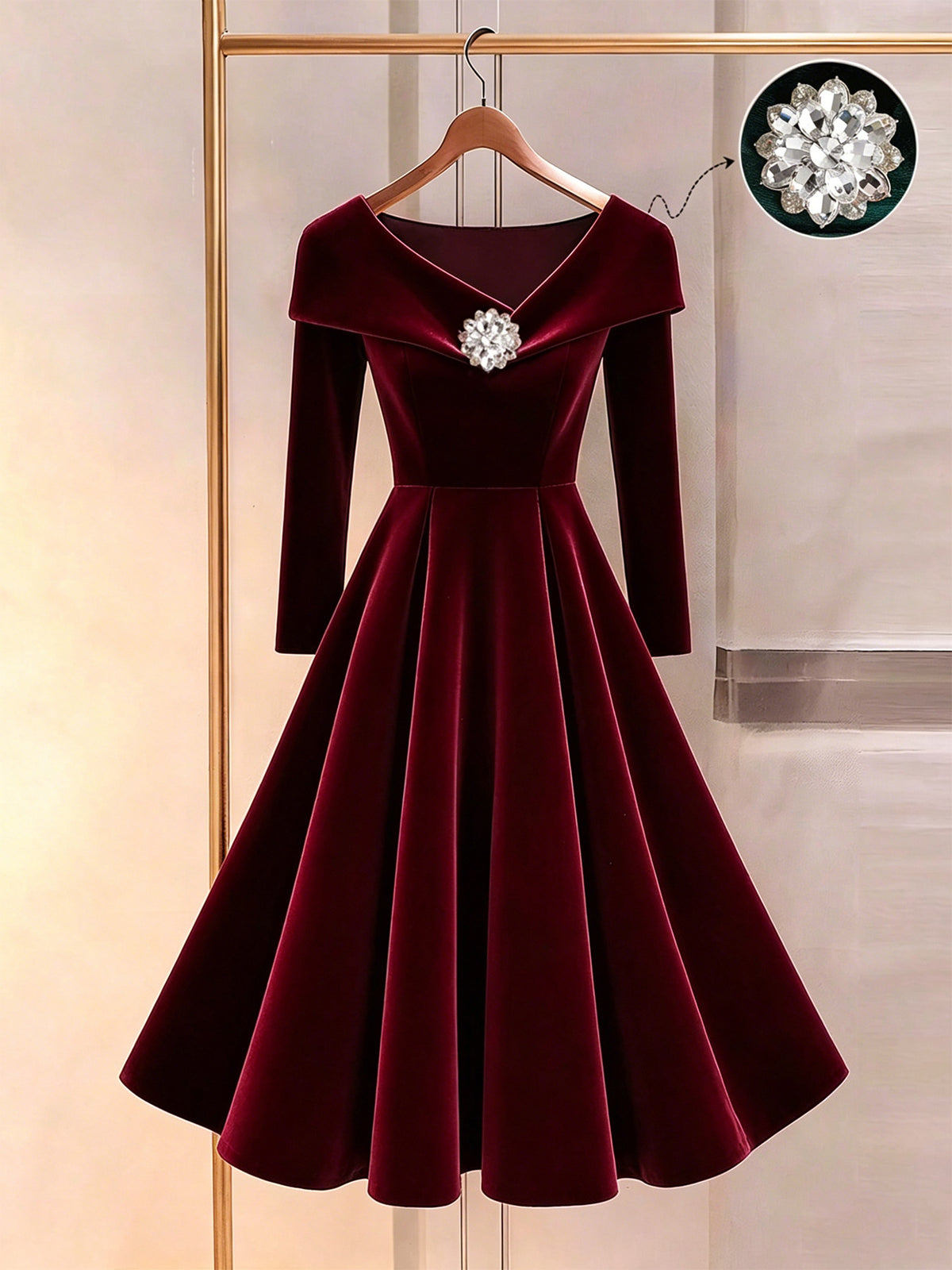 Velvet Midi Dress with Portrait Collar and Rhinestone Brooch in Wine — on a hanger