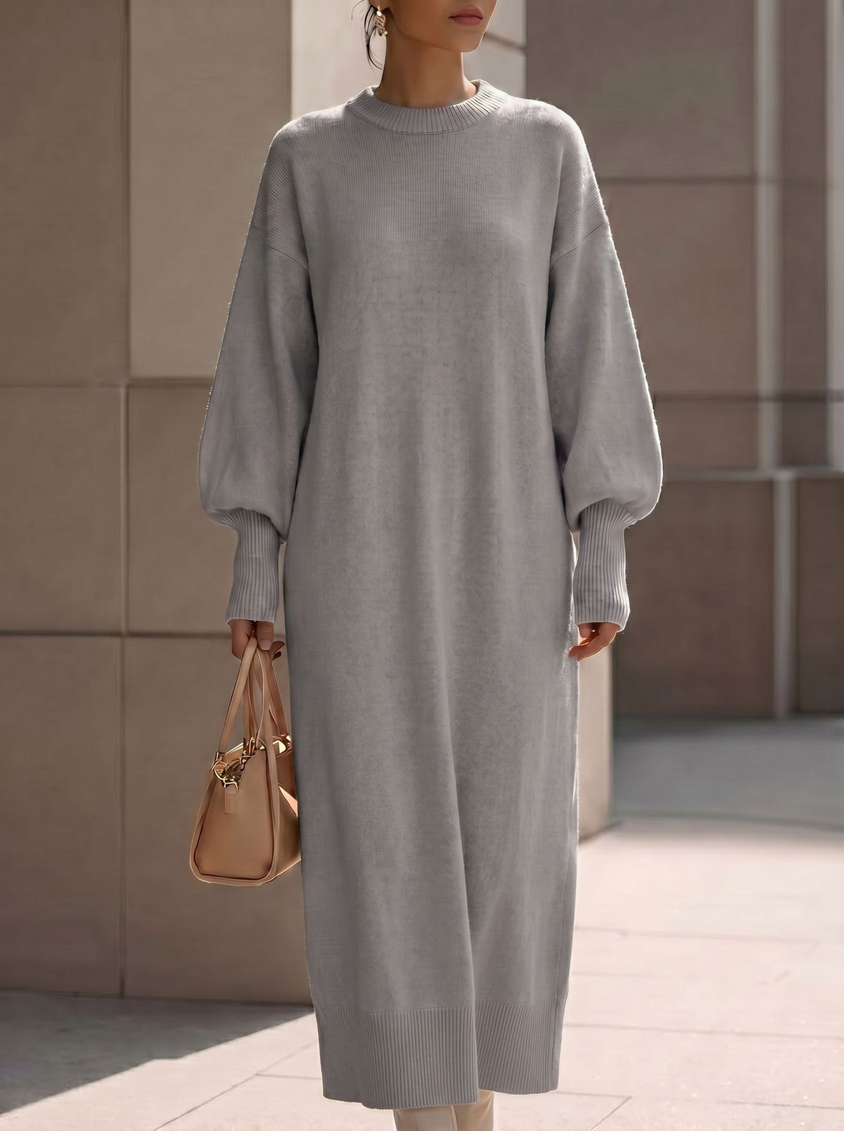 Balloon-Sleeve Knit Maxi Sweater Dress in Light Gray — full-length view on model