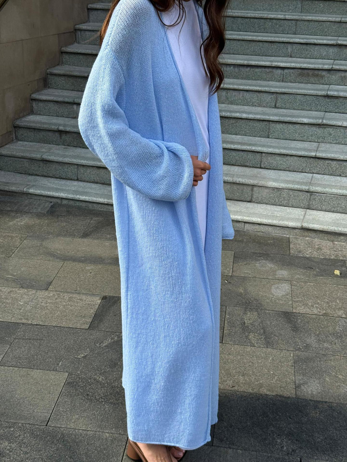 Long Open-Front Mohair-Blend Cardigan in Sky Blue — full-length view on model