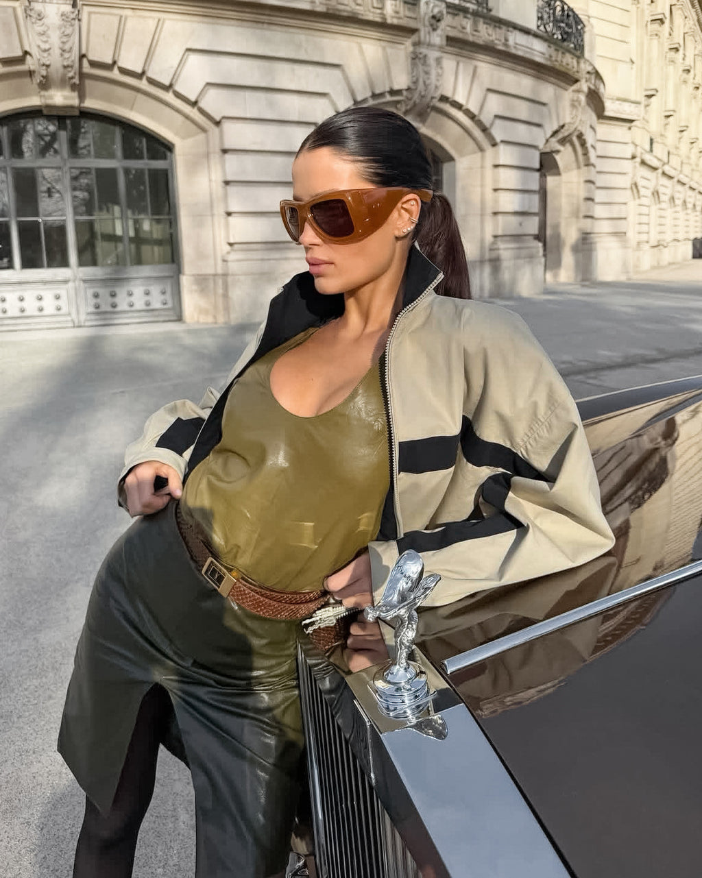 Contrast-Stripe Stand-Collar Track Jacket in Stone — worn open on model