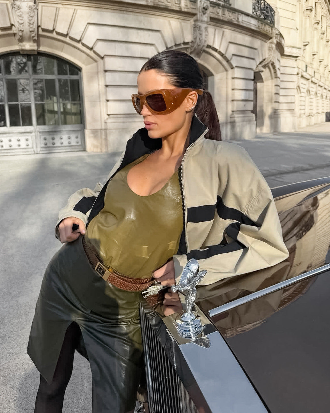 Contrast-Stripe Stand-Collar Track Jacket in Stone — worn open on model