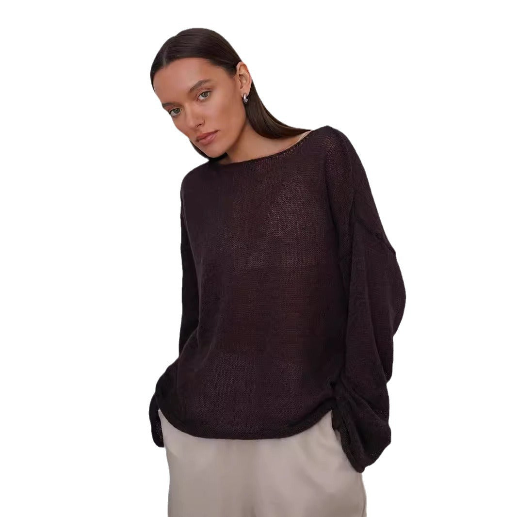 Sheer Open-Knit Bell Sleeve Sweater in Coffee Brown — front view on model