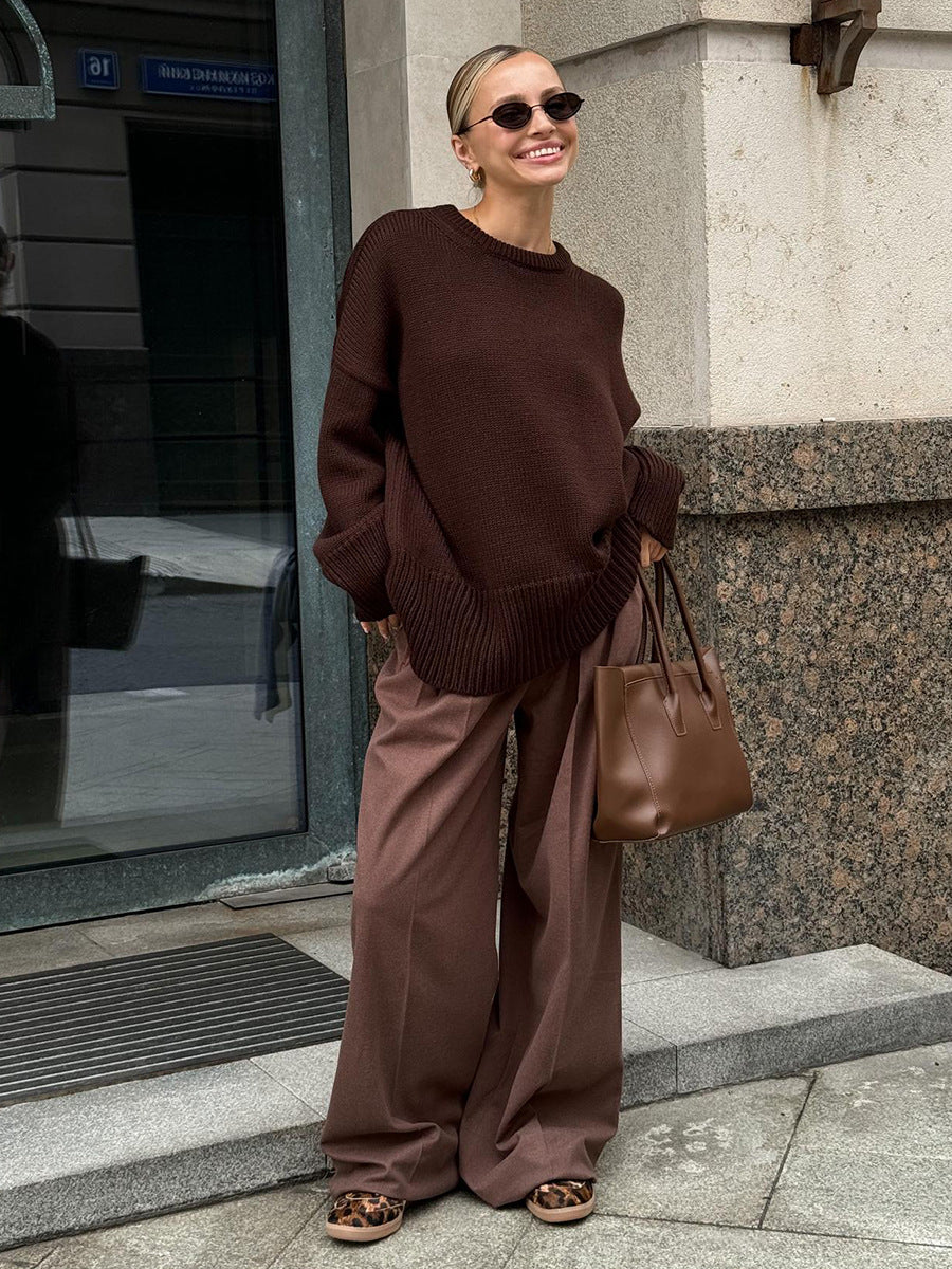 Slouchy Oversized Crew Neck Sweater in Chocolate Brown — front view on model