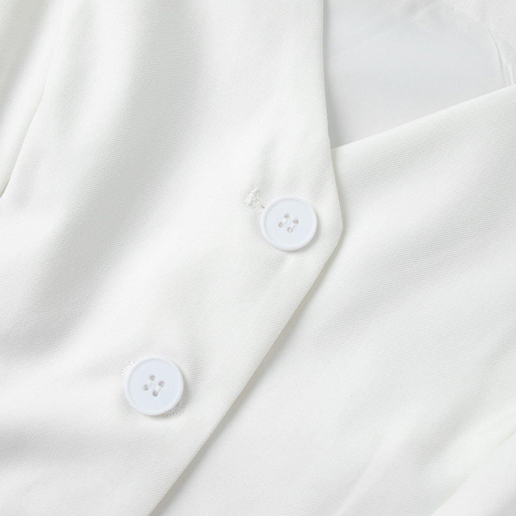V-Neck Vest & Pleated Shorts Set in White — close-up of the vest buttons