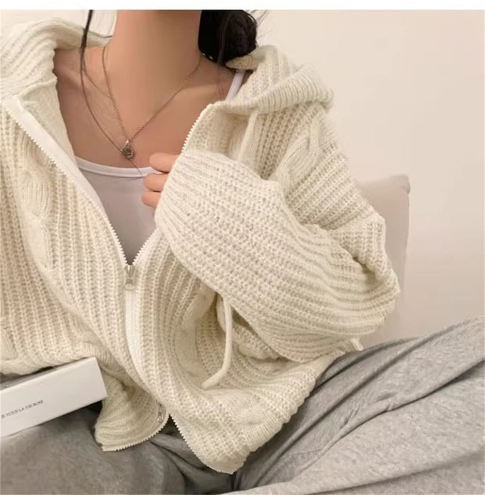 Chunky Cable-Knit Hooded Zip Cardigan in Ivory — close view on model, hood up