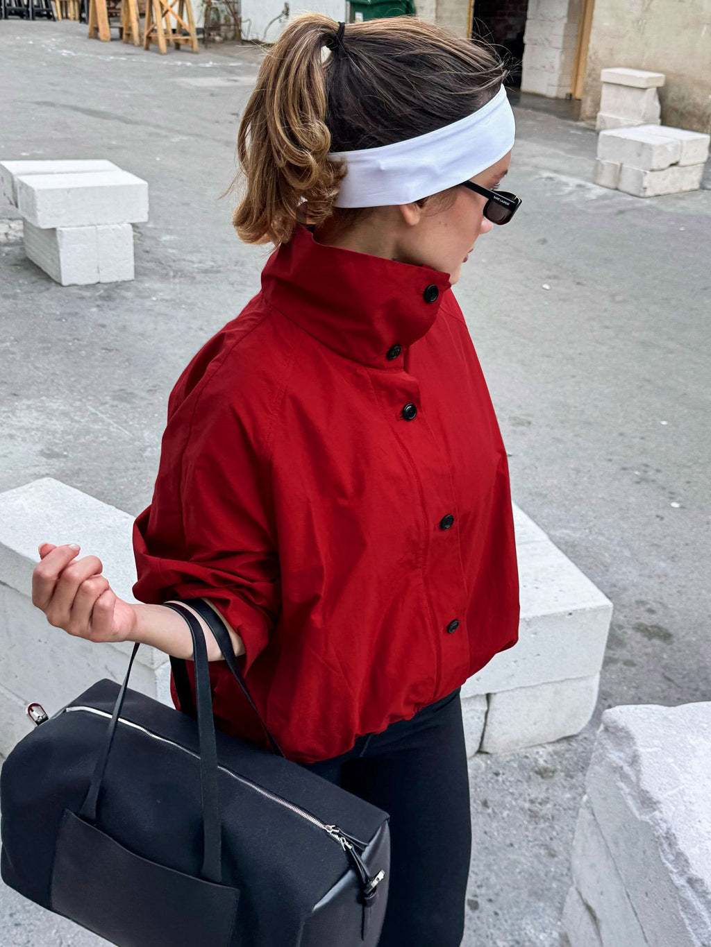 Button-Placket Stand-Collar Jacket with Elastic Cuffs in Red — on model
