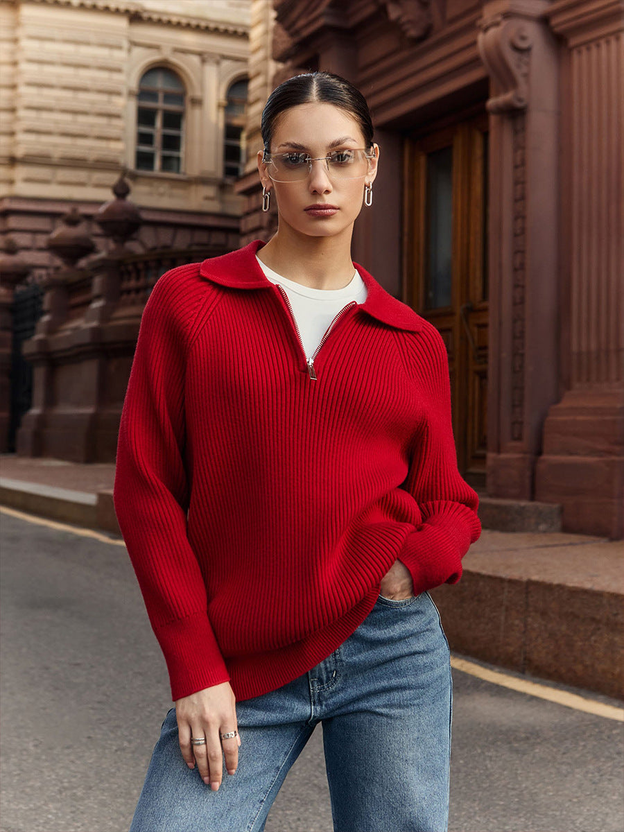Quarter-Zip Polo Collar Ribbed Sweater in Red — front view on model with jeans