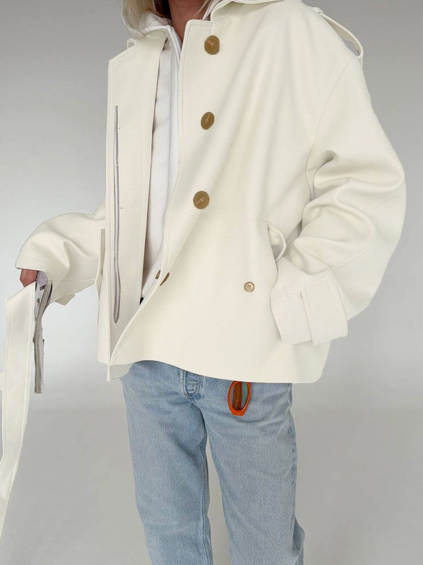 Belted Twill Utility Jacket with Epaulettes in Ivory — front view on model