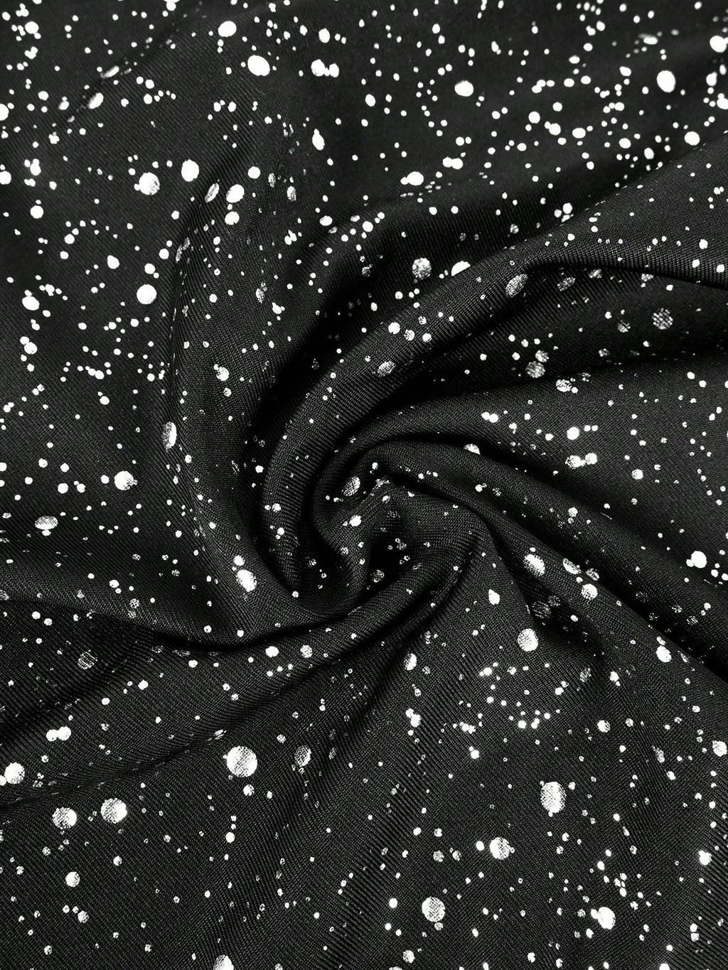 Plus-Size Glitter Wrap-Front Party Dress with Flutter Sleeves in Black — close-up of the glitter fabric