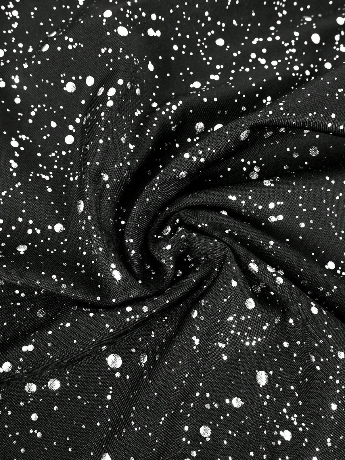 Plus-Size Glitter Wrap-Front Party Dress with Flutter Sleeves in Black — close-up of the glitter fabric