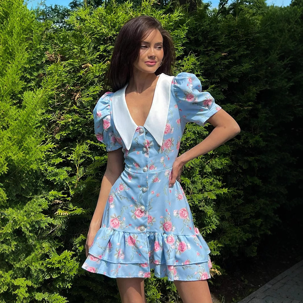Floral Puff-Sleeve Mini Dress with Contrast Collar in Blue Floral — on model outdoors