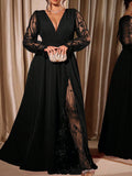 Plus-Size Lace-Sleeve V-Neck Maxi Gown with Slit in Black — full-length front view on model