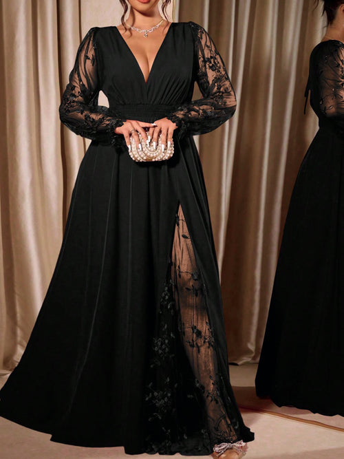 Plus-Size Lace-Sleeve V-Neck Maxi Gown with Slit in Black — full-length front view on model