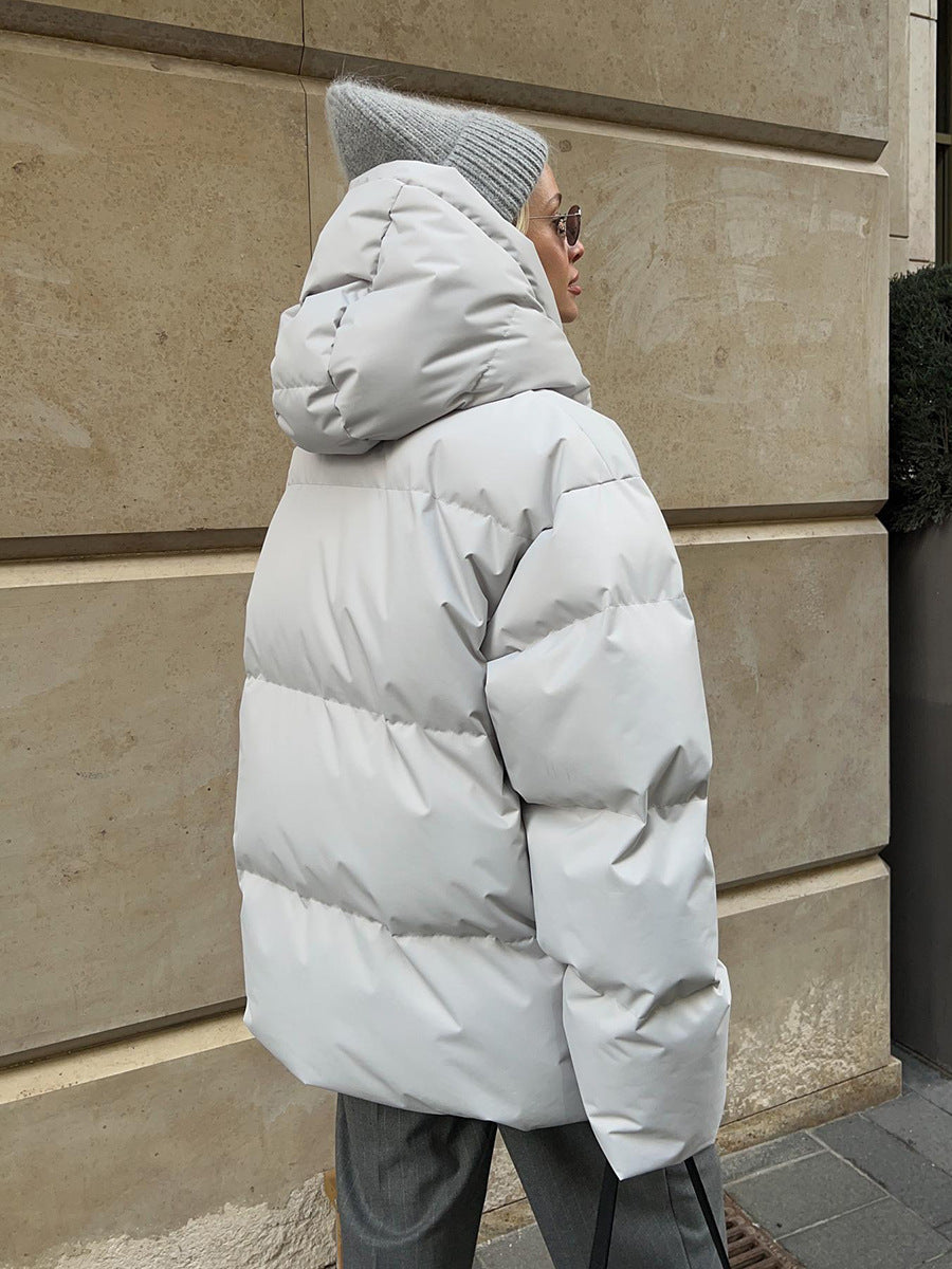 Matte Oversized Hooded Puffer Jacket in Light Gray — back view with the hood