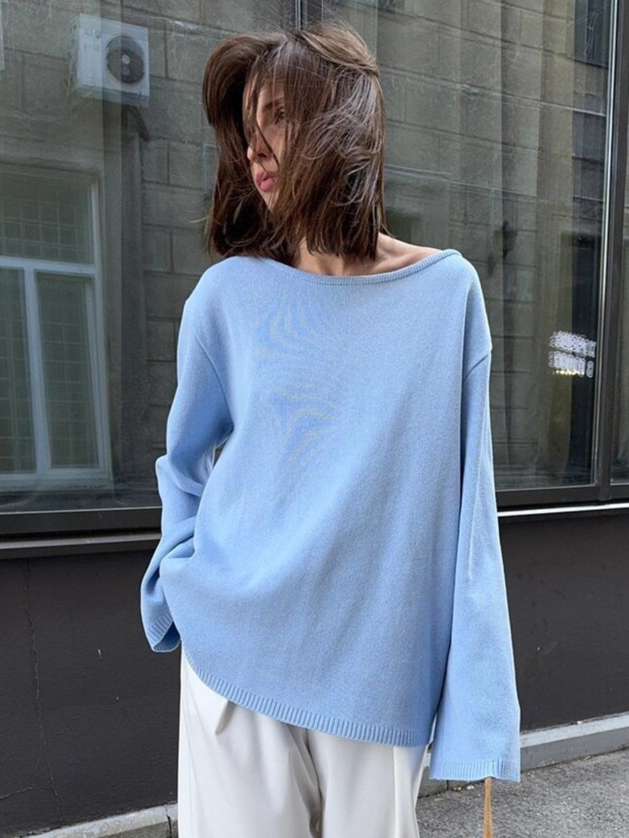 Oversized Open-Back Cotton Knit Sweater in Sky Blue — front view on model