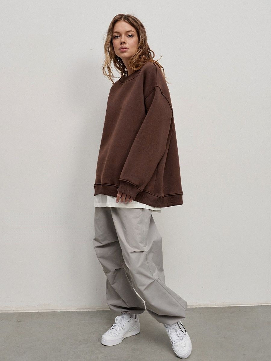 Oversized Heavyweight Crew Neck Sweatshirt in Chocolate Brown — full-length view with cargo pants