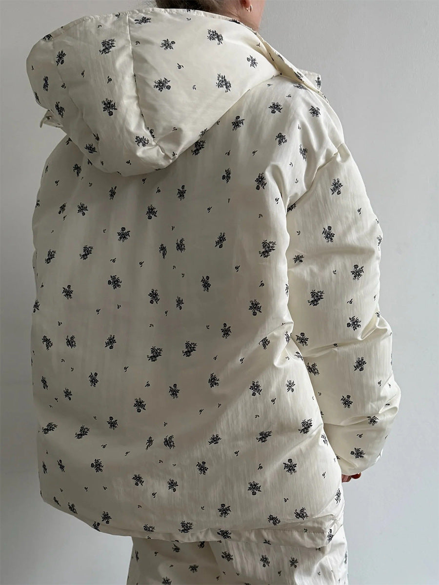 Floral Print Hooded Puffer Jacket & Drawstring Puffer Pants in Ivory Floral — hood, back view