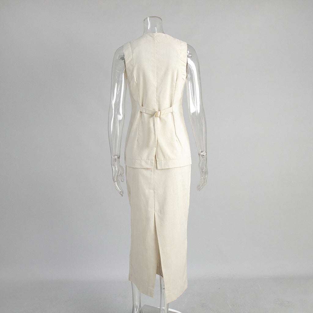 Linen-Blend Vest & Column Maxi Skirt Set in Cream — back view on mannequin
