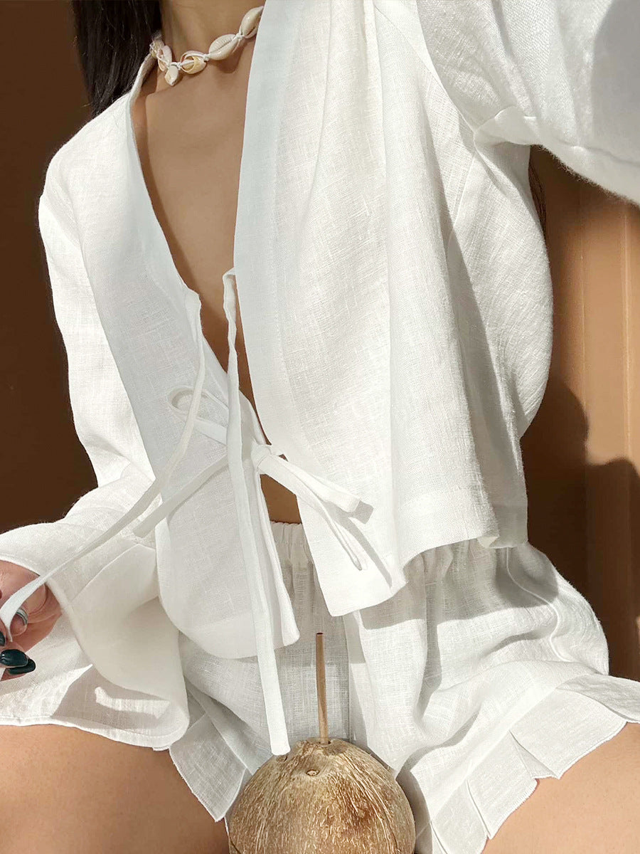 Cotton Tie-Front Top & Ruffle Shorts Set in White — close-up of the front ties