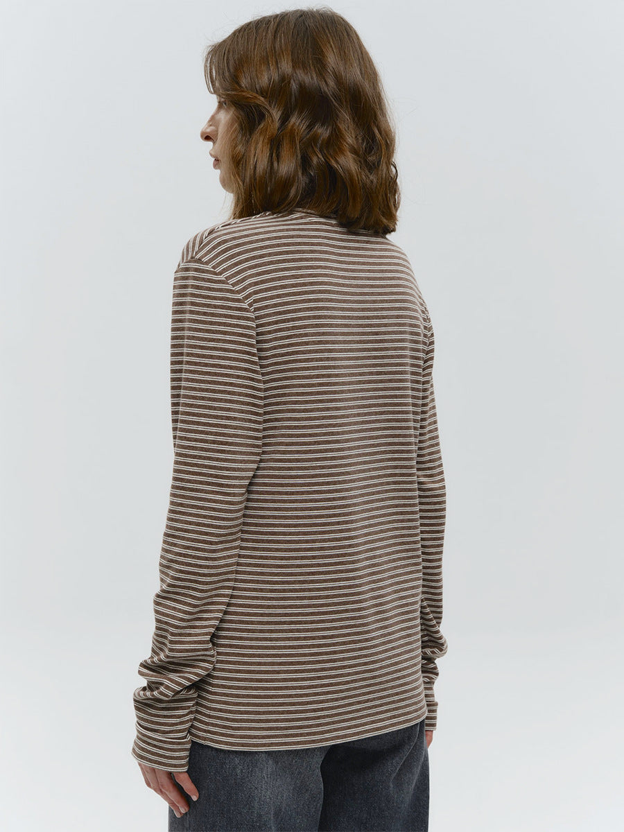Striped Cotton Crew Neck Long Sleeve Tee in Mocha Stripe — back view on model