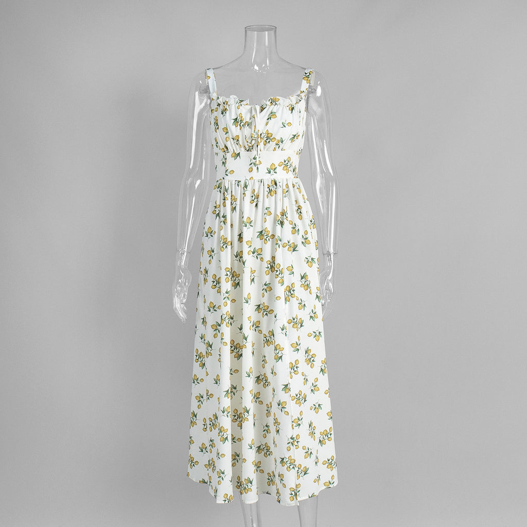 Printed Tie-Strap Maxi Dress with Side Slit in Lemon Print — front view on mannequin