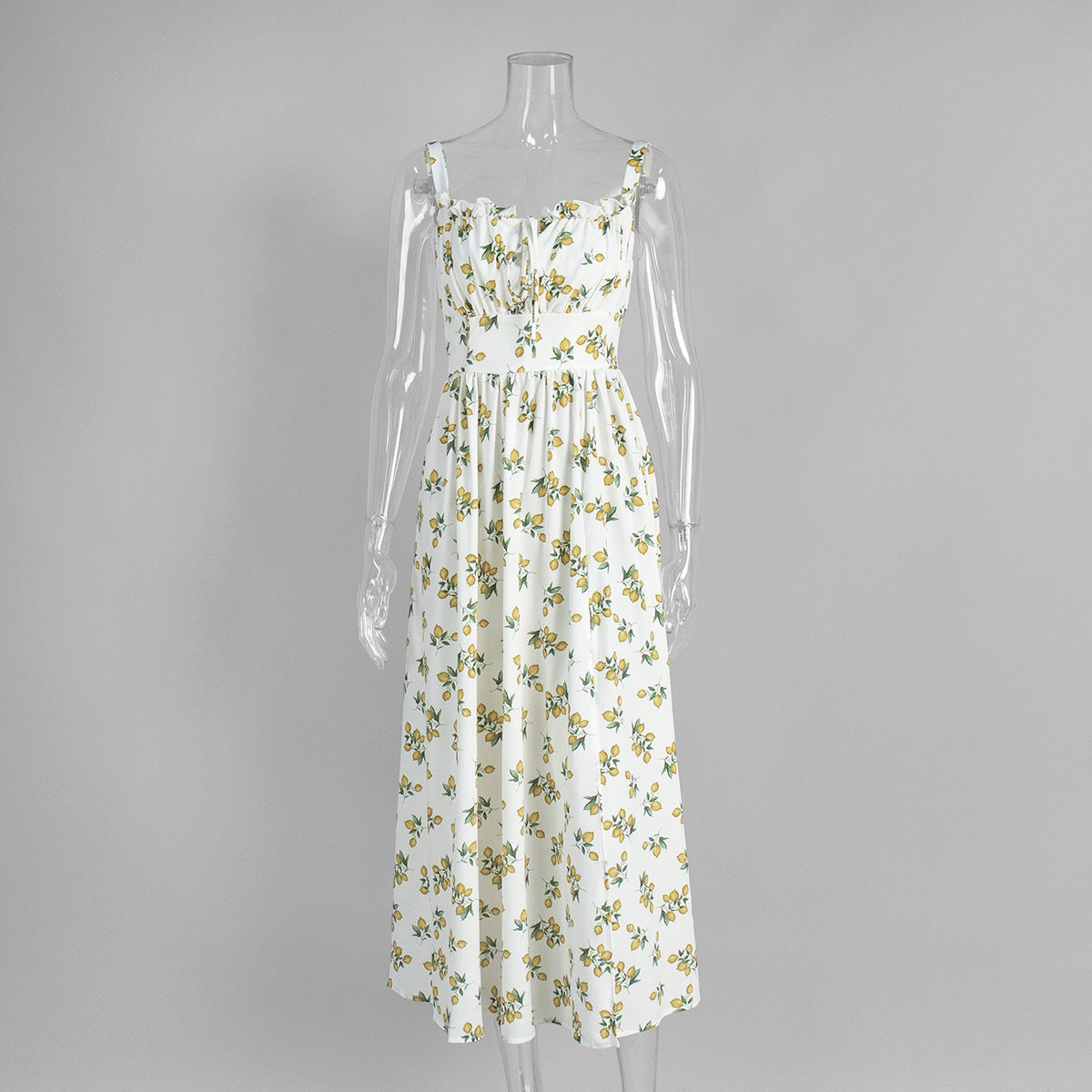 Printed Tie-Strap Maxi Dress with Side Slit in Lemon Print — front view on mannequin