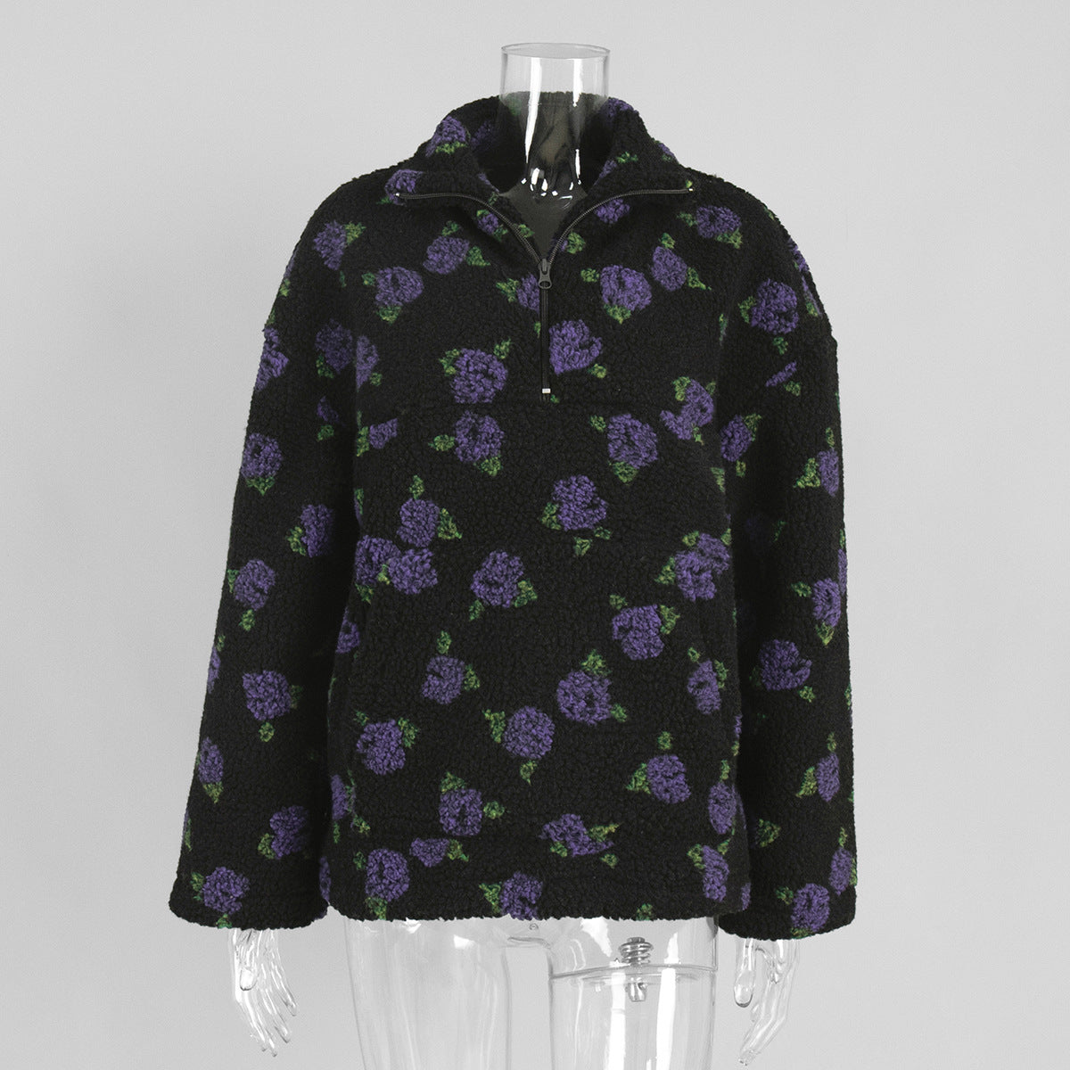 Floral Fleece Half-Zip Pullover Sweatshirt in Black Purple Floral — front view