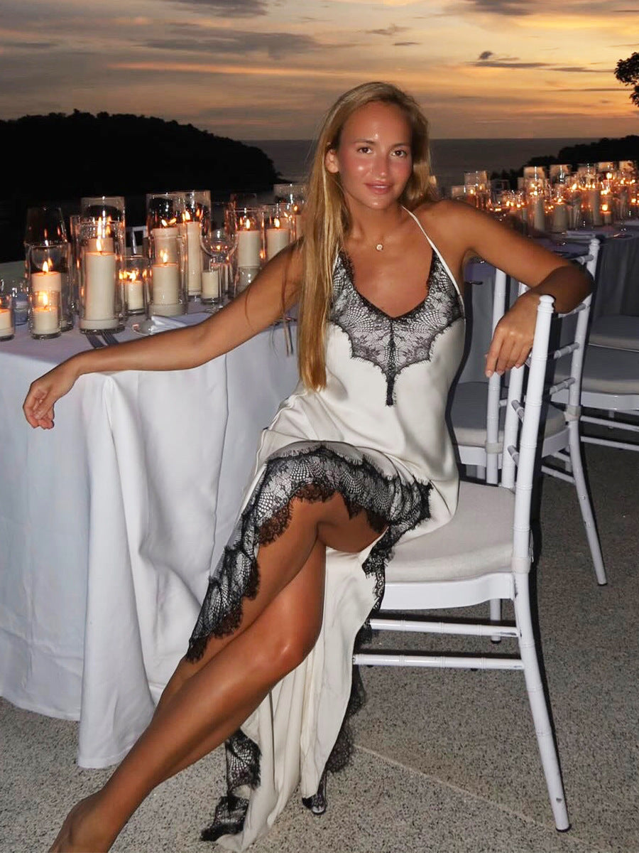 Lace-Trim Satin Maxi Slip Dress in White — on model at candlelit table