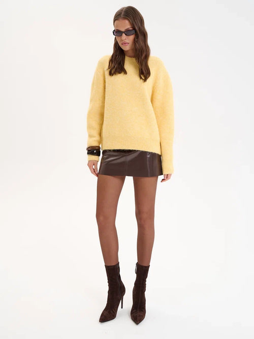 Brushed Fuzzy Knit Crew Neck Sweater in Butter Yellow — full-length front view on model