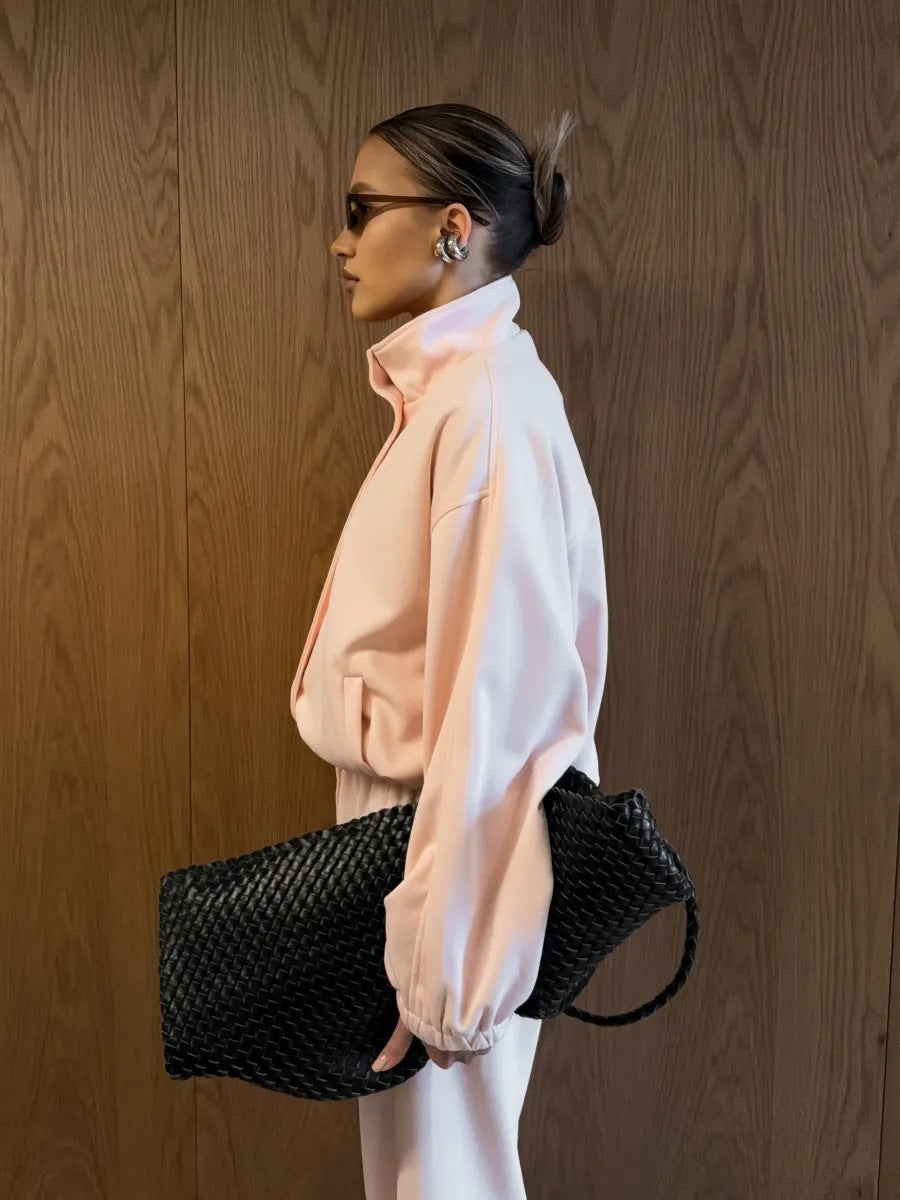 Cotton-Blend Stand-Collar Zip Jacket and Wide-Leg Pants Set in Blush Pink — side view on model