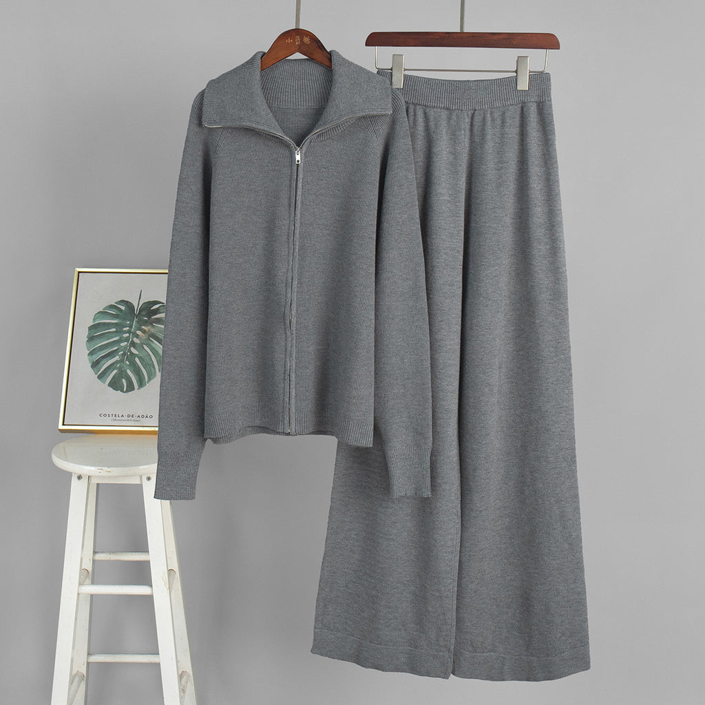 Wide-Collar Zip-Up Knit Cardigan & Wide-Leg Pants Set in Heather Gray — set on hanger