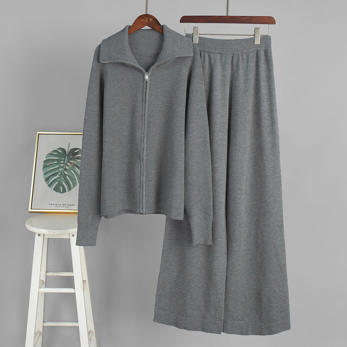Wide-Collar Zip-Up Knit Cardigan & Wide-Leg Pants Set in Heather Gray — set on hanger