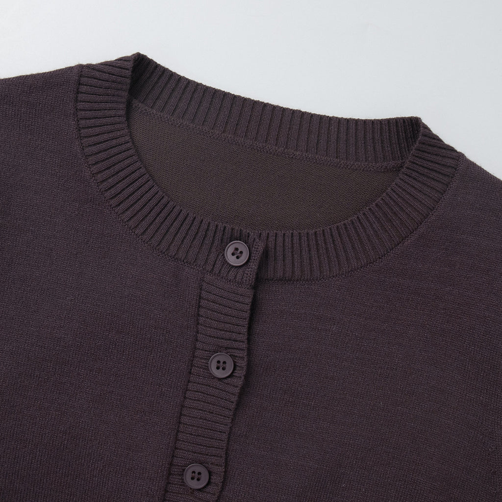 Ribbed Knit Cardigan & Low-Rise Wide-Leg Pants Set in Espresso — close-up of crew neck and buttons