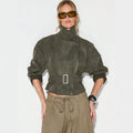 Belted Faux Suede Moto Jacket with Asymmetric Zip in Olive — front view on model, zipped and belted