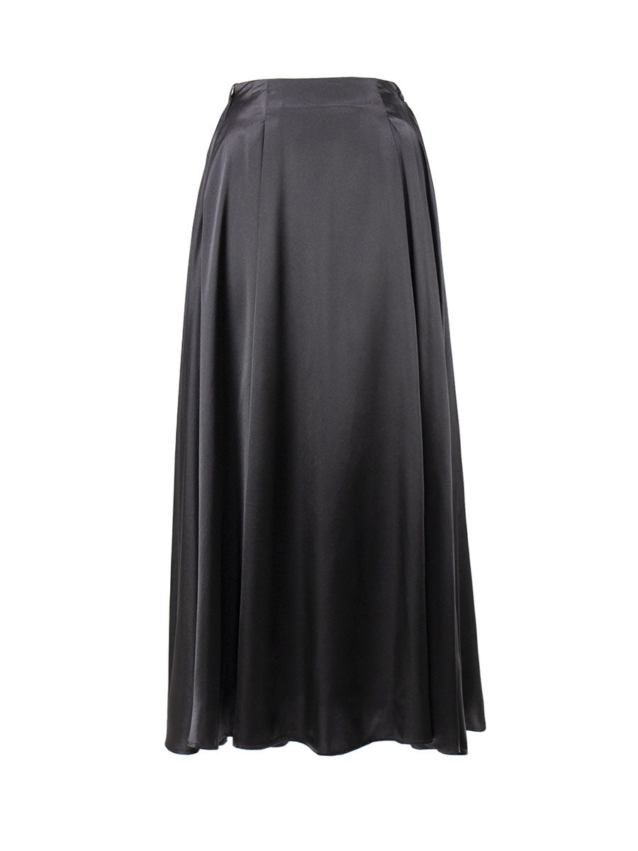 Satin A-Line Midi Skirt with Elastic Waist in Black — flat view