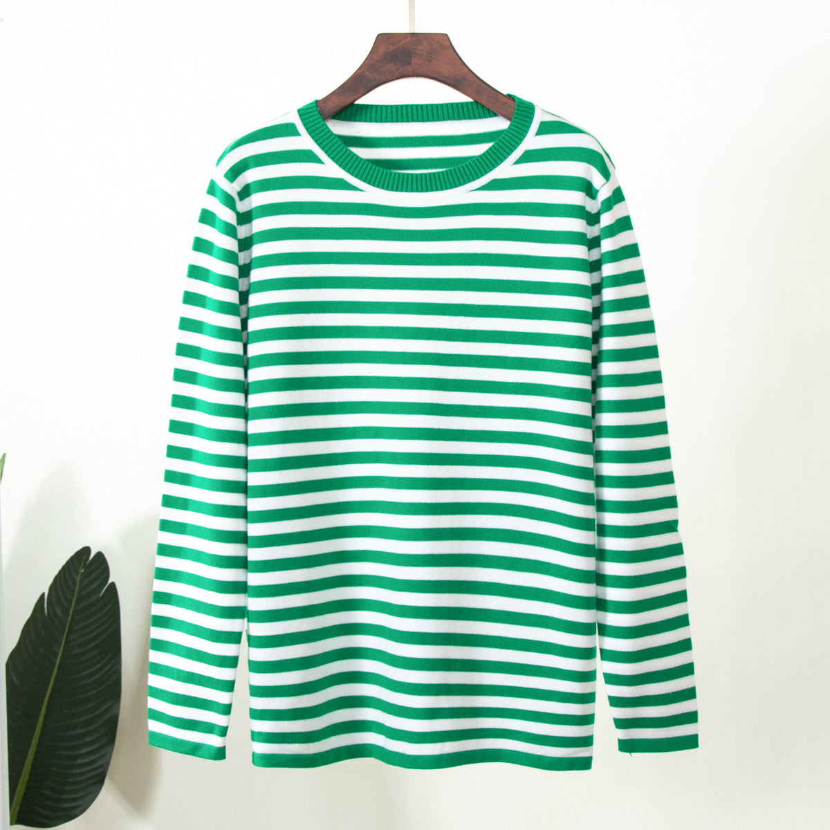 Relaxed Striped Crew Neck Sweater in Green Stripe — front view