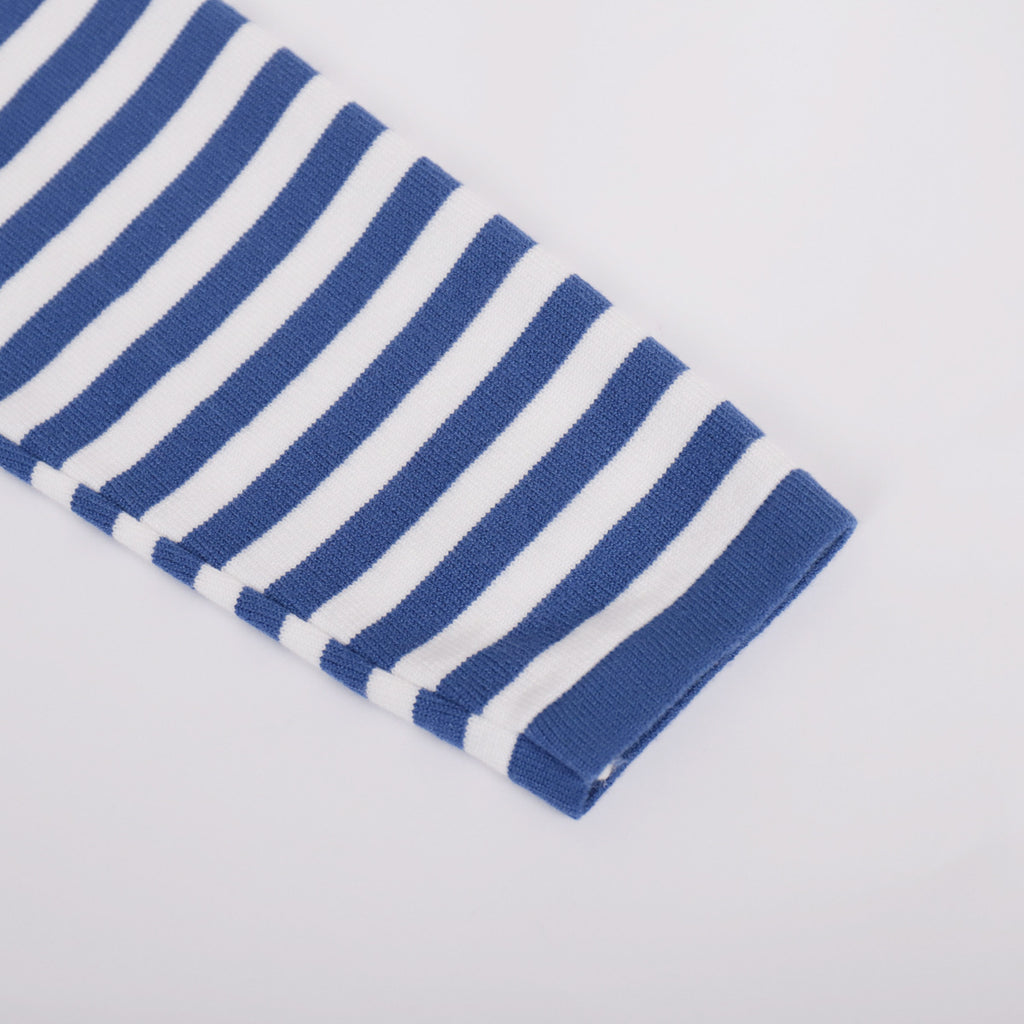 Relaxed Striped Crew Neck Sweater in Blue Stripe — close-up of ribbed cuff